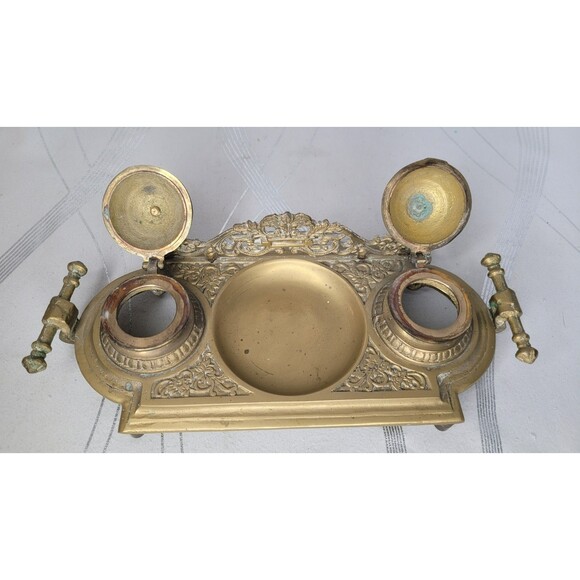 Vintage Ornate Double Ink Well Brass w Inserts Covers Decorative Desk Victorian - Picture 8 of 11